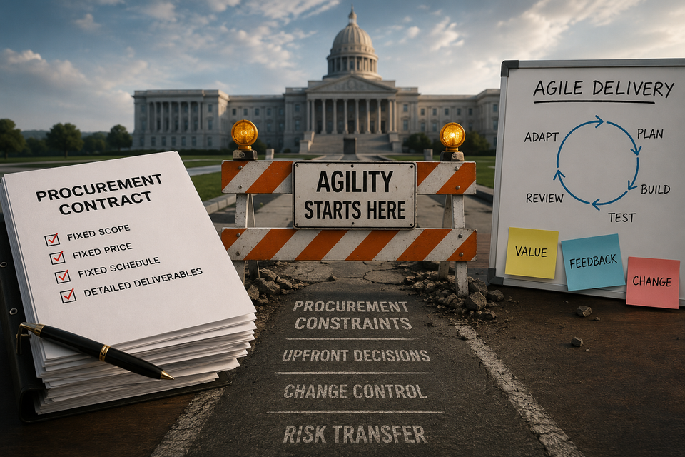 Symbolic illustration of traditional government procurement blocking the path to Agile software delivery, highlighting the tension between fixed planning and adaptability.
