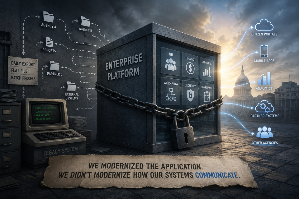 Chained safe reads enterprise platform outside showing important systems inside locked by legacy comms